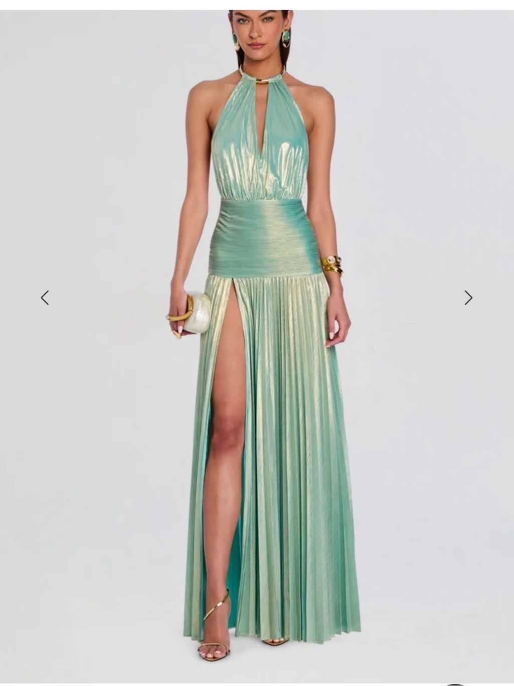 Faelina Retrofete Dress Iridescent Mint Halter Evening Gown Gold Slit
